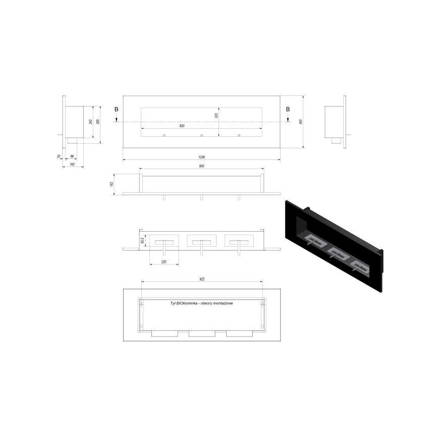 Kratki - Chimenea BIO empotrada 40x120 cm 3x1,1kW negro