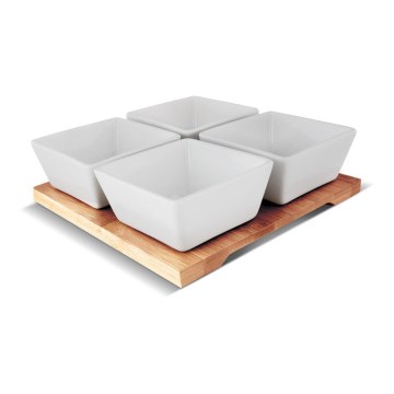 Lamart - Juego 4x cuencos de porcelana 19x19 cm + bandeja de madera