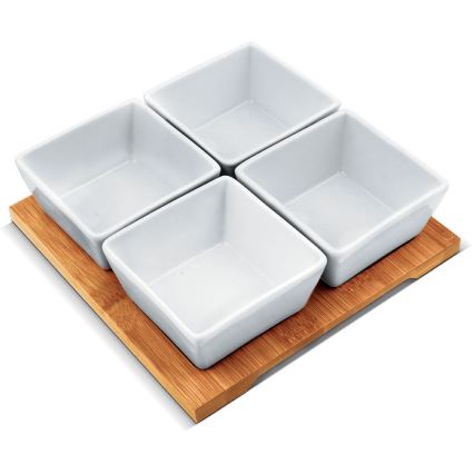 Lamart - Juego 4x cuencos de porcelana 19x19 cm + bandeja de madera