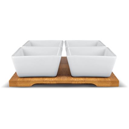 Lamart - Juego 4x cuencos de porcelana 19x19 cm + bandeja de madera