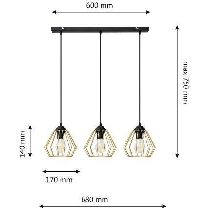 Lámpara colgante AGAT 3xE27/15W/230V dorado/negro
