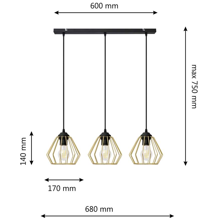 Lámpara colgante AGAT 3xE27/15W/230V dorado/negro