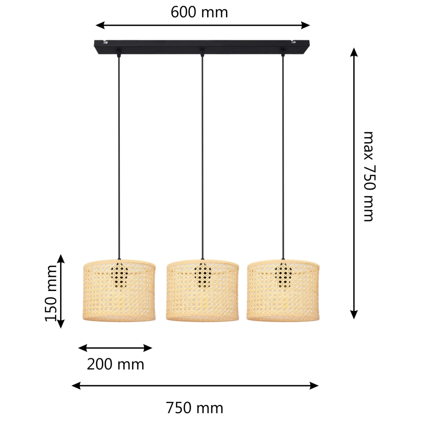 Lámpara colgante ALBA 3xE27/15W/230V ratán/negro