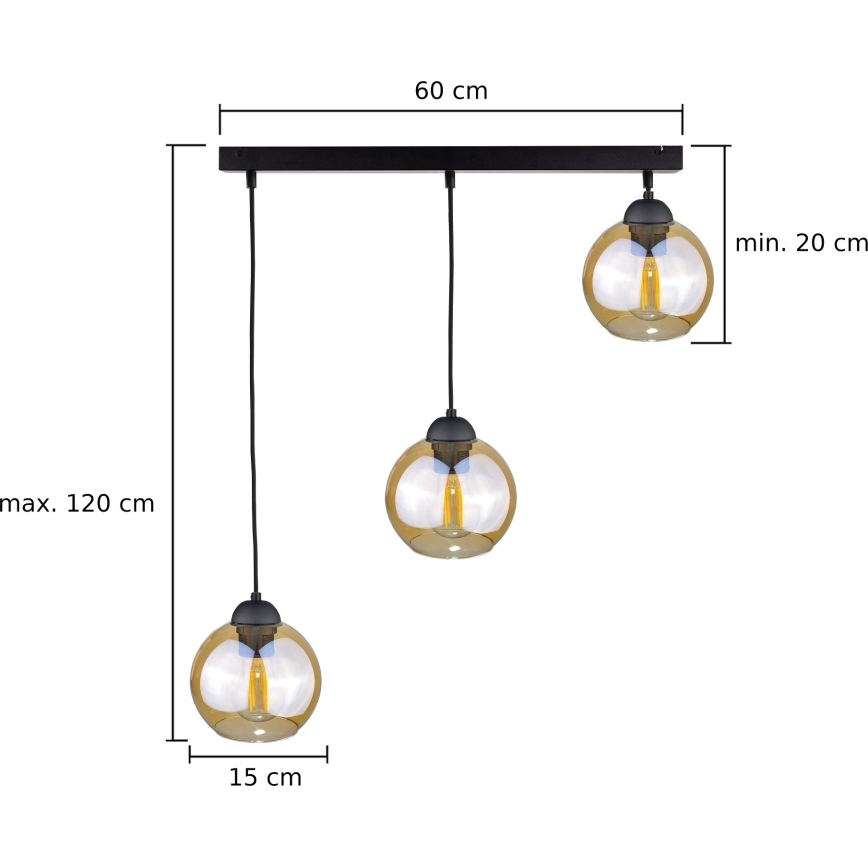 Lámpara colgante AMBRE BLACK 3xE27/60W/230V negro/marrón ahumado