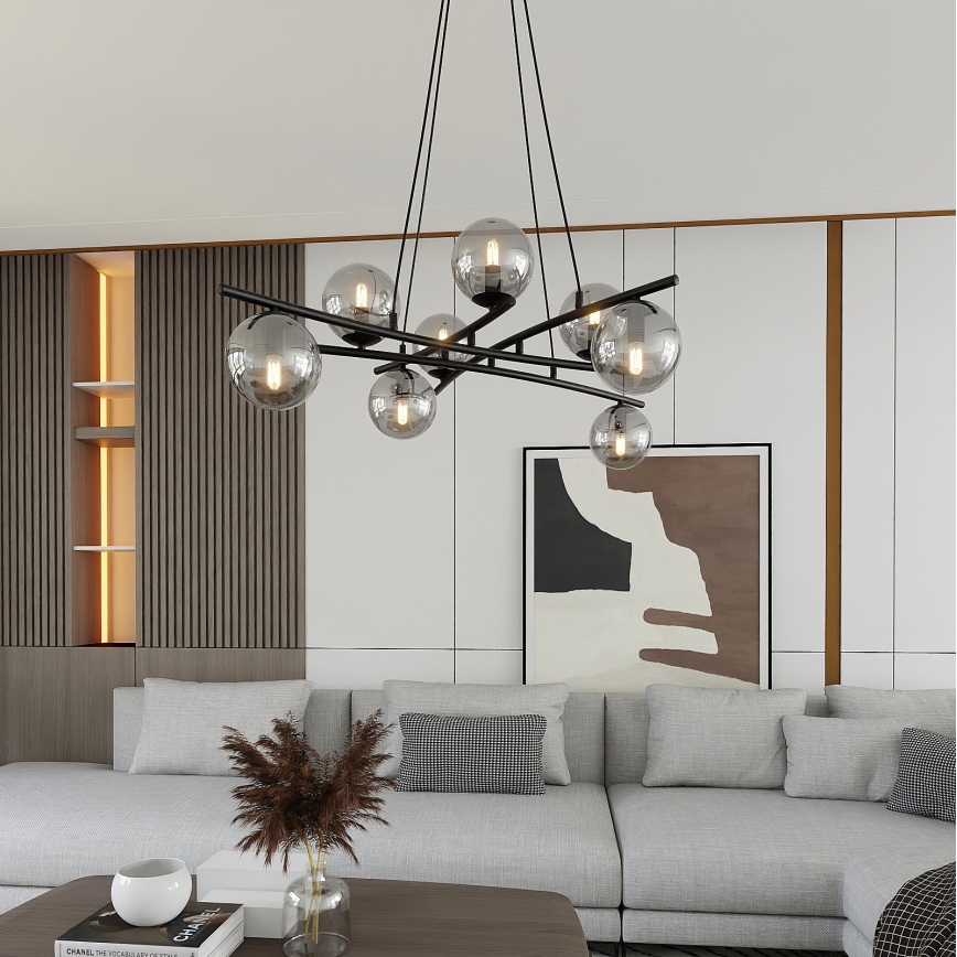 Lámpara colgante ESSA 8xE14/10W/230V negro/ahumado