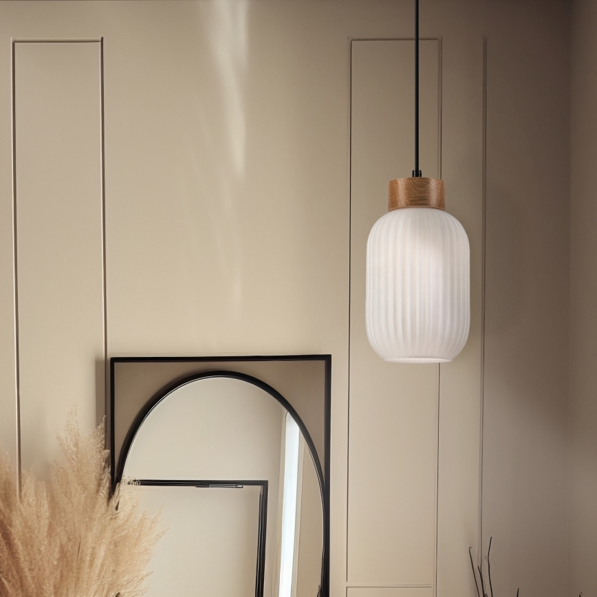 Lámpara colgante HARMONY 1xE27/15W/230V diá. 14 cm blanco/roble