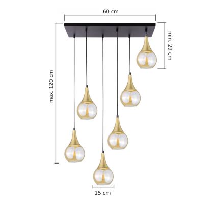 Lámpara colgante LACRIMA HONEY 6xE27/60W/230V negro/dorado/ahumado beige