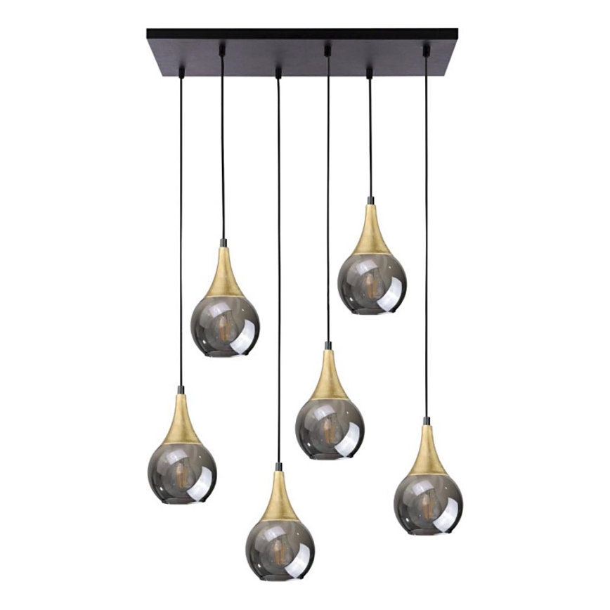 Lámpara colgante LACRIMA SMOKY 6xE27/60W/230V negro/dorado/ahumado negro