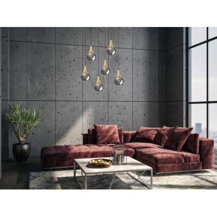 Lámpara colgante LACRIMA SMOKY 6xE27/60W/230V negro/dorado/ahumado negro