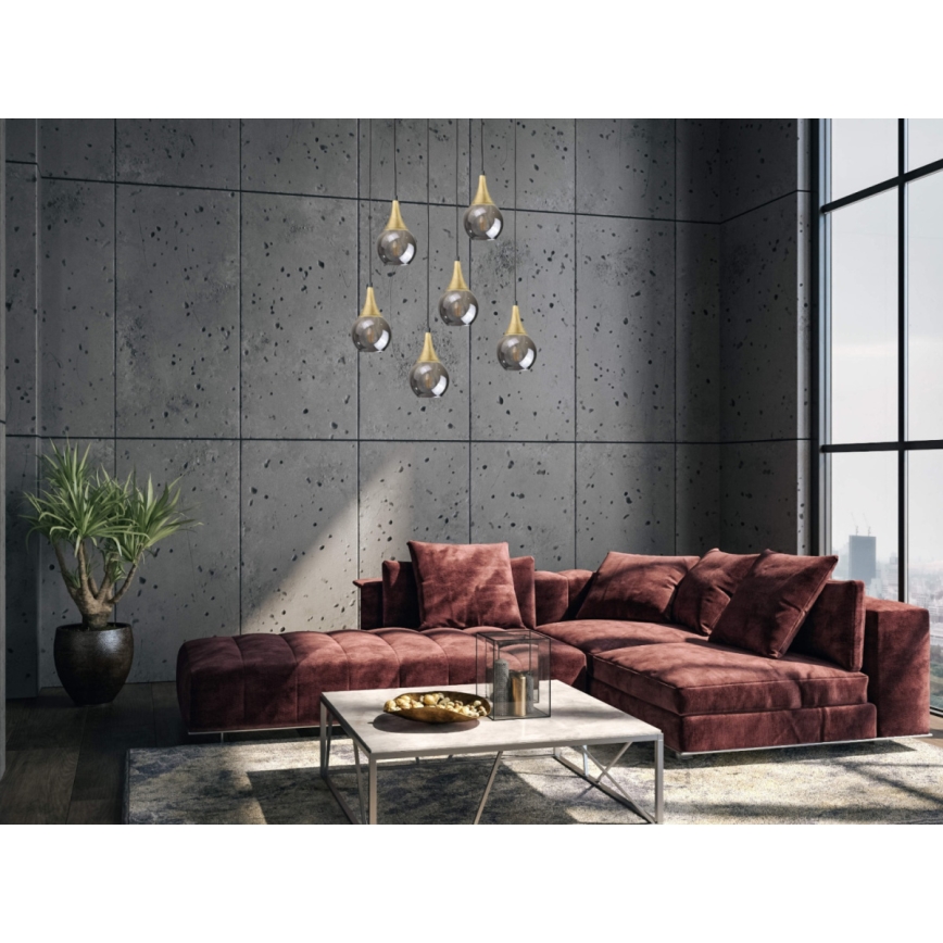 Lámpara colgante LACRIMA SMOKY 6xE27/60W/230V negro/dorado/ahumado negro