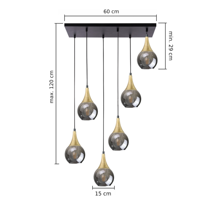 Lámpara colgante LACRIMA SMOKY 6xE27/60W/230V negro/dorado/ahumado negro