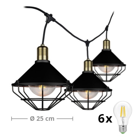 Lámpara colgante LED para jardín PREMIUM STRING 3m 6xE27/8W/230V IP65 negro