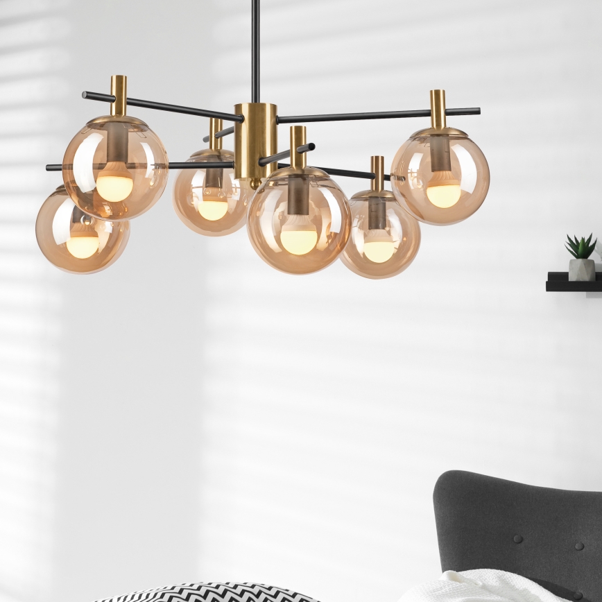 Lámpara colgante LILOU 6xE14/5W/230V dorado/negro/beige ahumado