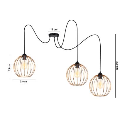 Lámpara colgante MATT 3xE27/60W/230V araña negro/cobre