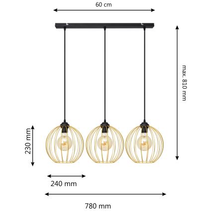 Lámpara colgante MERCURE 3xE27/15W/230V dorado/negro