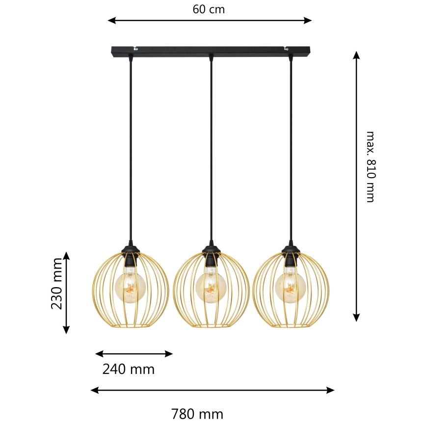 Lámpara colgante MERCURE 3xE27/15W/230V dorado/negro