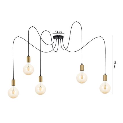 Lámpara colgante MIROS 5xE27/60W/230V araña negro/dorado