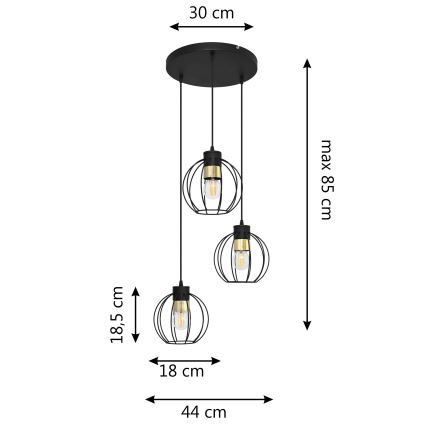 Lámpara colgante STARLIGHT 3xE27/15W/230V negro/dorado