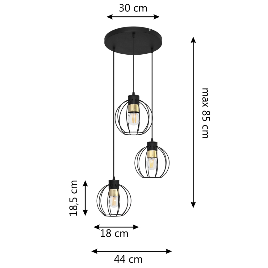 Lámpara colgante STARLIGHT 3xE27/15W/230V negro/dorado