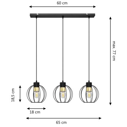 Lámpara colgante STARLIGHT 3xE27/15W/230V negro/dorado