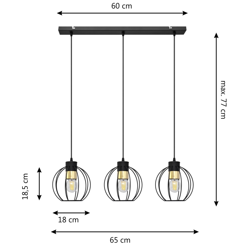 Lámpara colgante STARLIGHT 3xE27/15W/230V negro/dorado