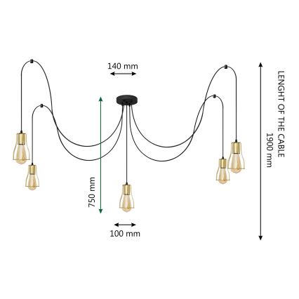 Lámpara colgante TUBE 5xE27/15W/230V araña negro/dorado