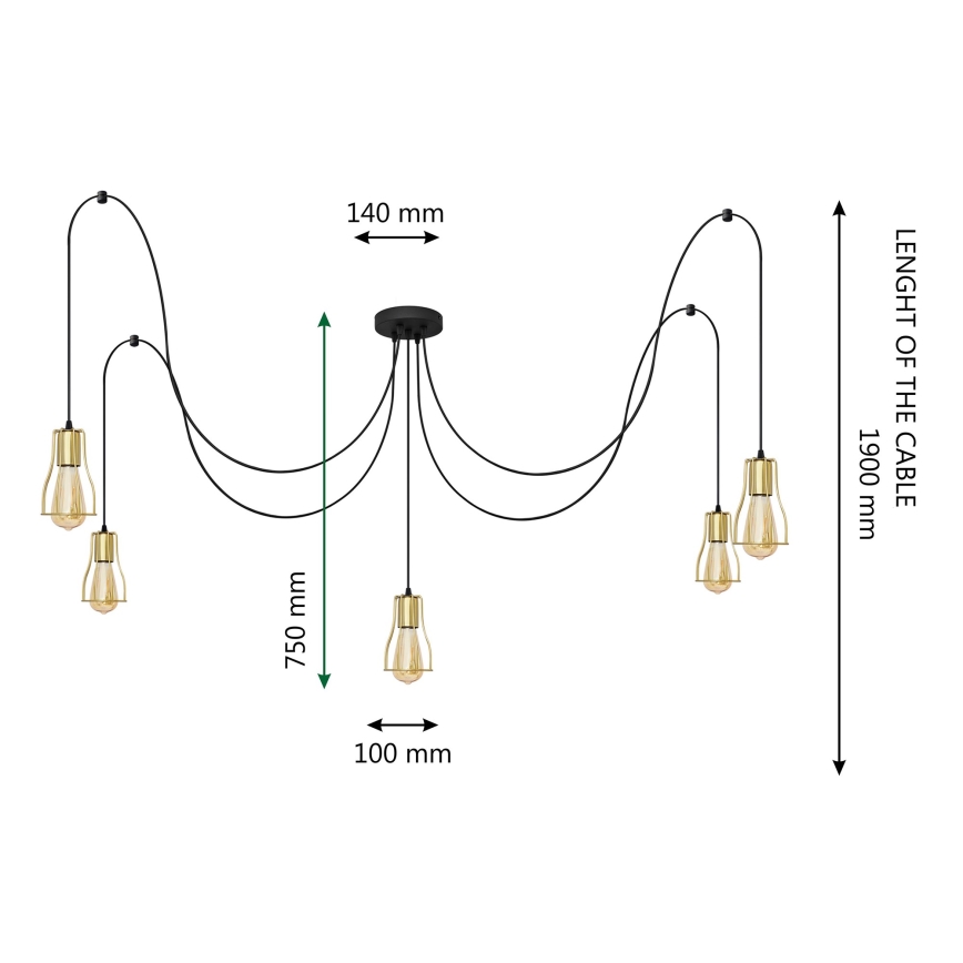 Lámpara colgante TUBE 5xE27/15W/230V araña negro/dorado