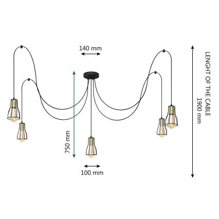 Lámpara colgante TUBE 5xE27/15W/230V araña negro/dorado