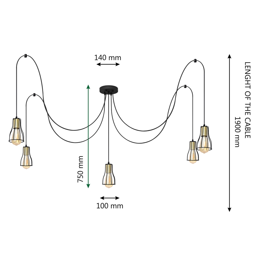 Lámpara colgante TUBE 5xE27/15W/230V araña negro/dorado