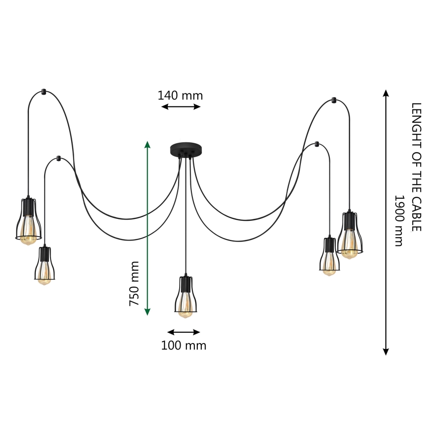 Lámpara colgante TUBE 5xE27/15W/230V araña negro