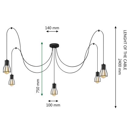 Lámpara colgante TUBE LONG 5xE27/10W/230V negro