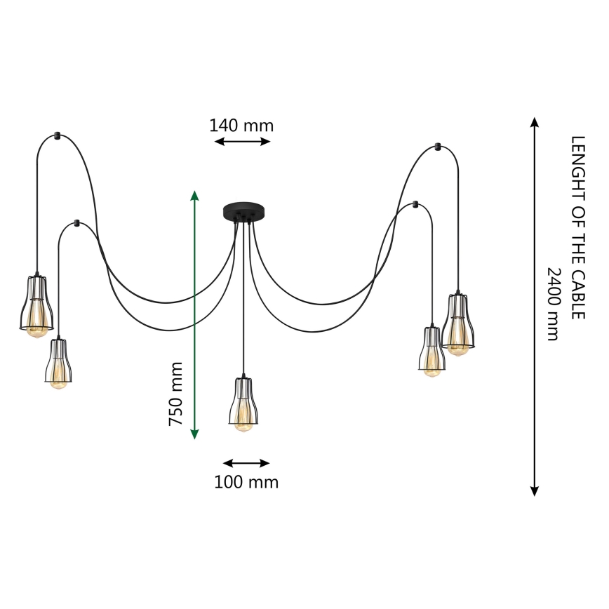 Lámpara colgante TUBE LONG 5xE27/15W/230V negro/cromo brillante