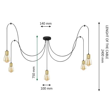 Lámpara colgante TUBE LONG 5xE27/15W/230V negro/dorado