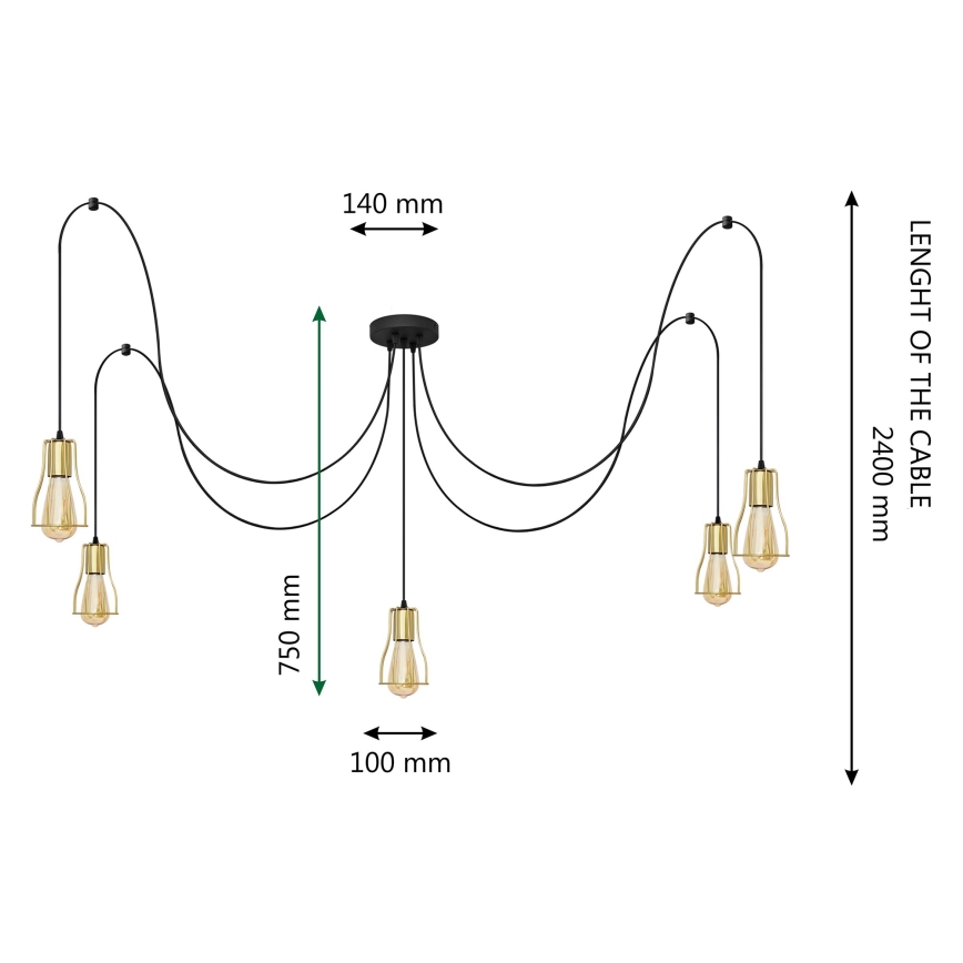 Lámpara colgante TUBE LONG 5xE27/15W/230V negro/dorado