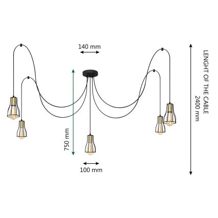 Lámpara colgante TUBE LONG 5xE27/15W/230V negro/dorado