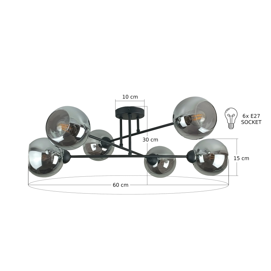 Lámpara colgante VASCO 6xE27/60W/230V negro/negro ahumado