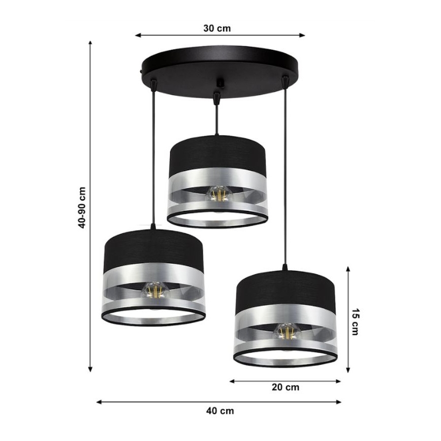 Lámpara de araña de cable MILO 3xE27/60W/230V plateado/negro