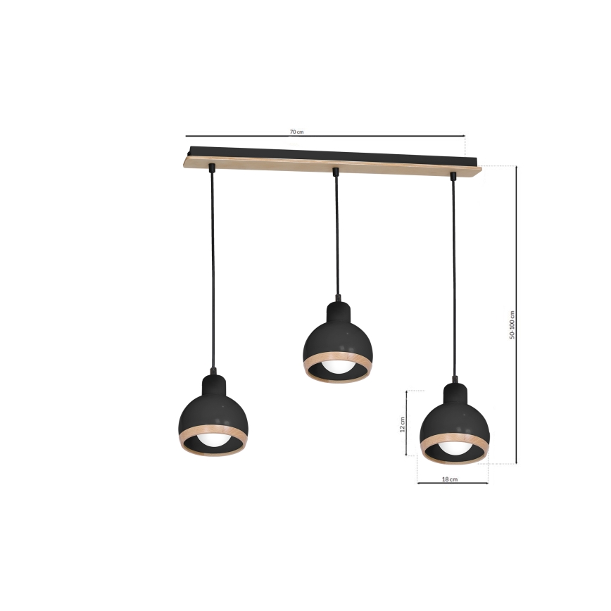 Lámpara de araña de cable OVAL 3xE27/60W/230V negro
