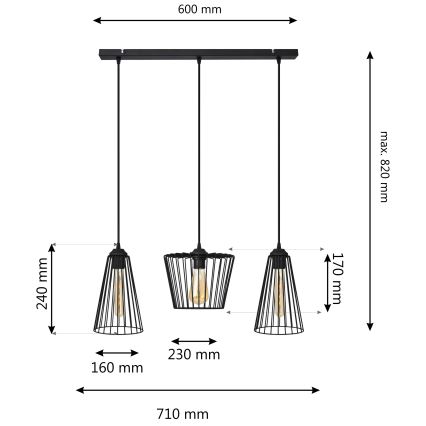 Lámpara de araña en cadena TORRI 3xE27/15W/230V negro