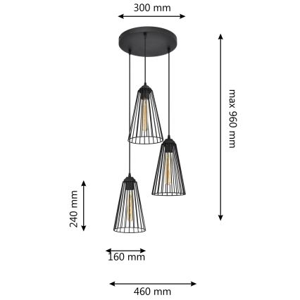 Lámpara de araña en cadena TORRI 3xE27/15W/230V negro