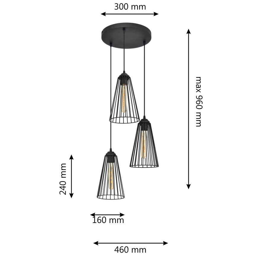 Lámpara de araña en cadena TORRI 3xE27/15W/230V negro