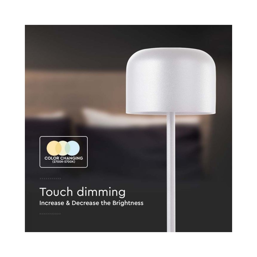Lámpara de mesa LED regulable y recargable táctil LED/1,5W/5V 2700-5700K IP54 2200 mAh blanco
