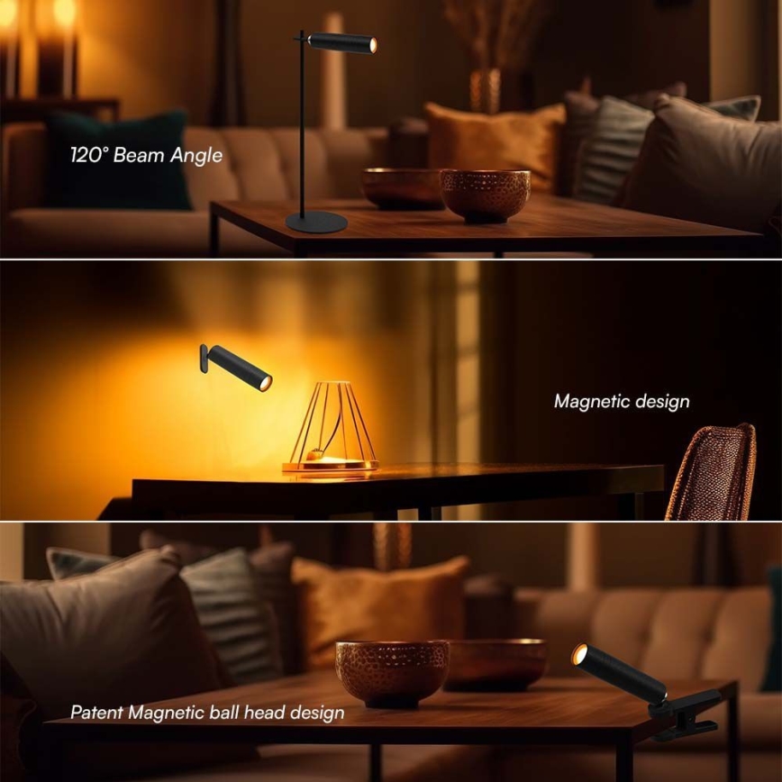 Lámpara de mesa LED magnética recargable y regulable 3en1 LED/3W/5V 4000K 1500 mAh negro