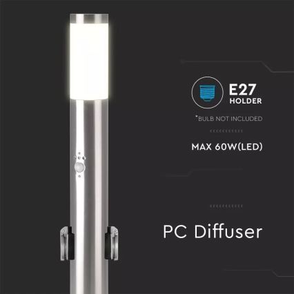 Lámpara exterior con sensor + 2 enchufes SCHUKO 1xE27/60W/230V IP44 60cm cromo mate