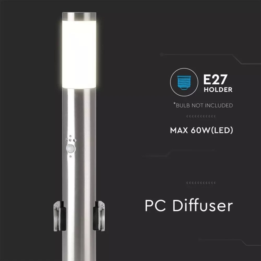 Lámpara exterior con sensor + 2 enchufes SCHUKO 1xE27/60W/230V IP44 60cm cromo mate