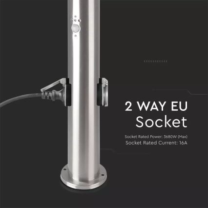 Lámpara exterior con sensor + 2 enchufes SCHUKO 1xE27/60W/230V IP44 60cm cromo mate
