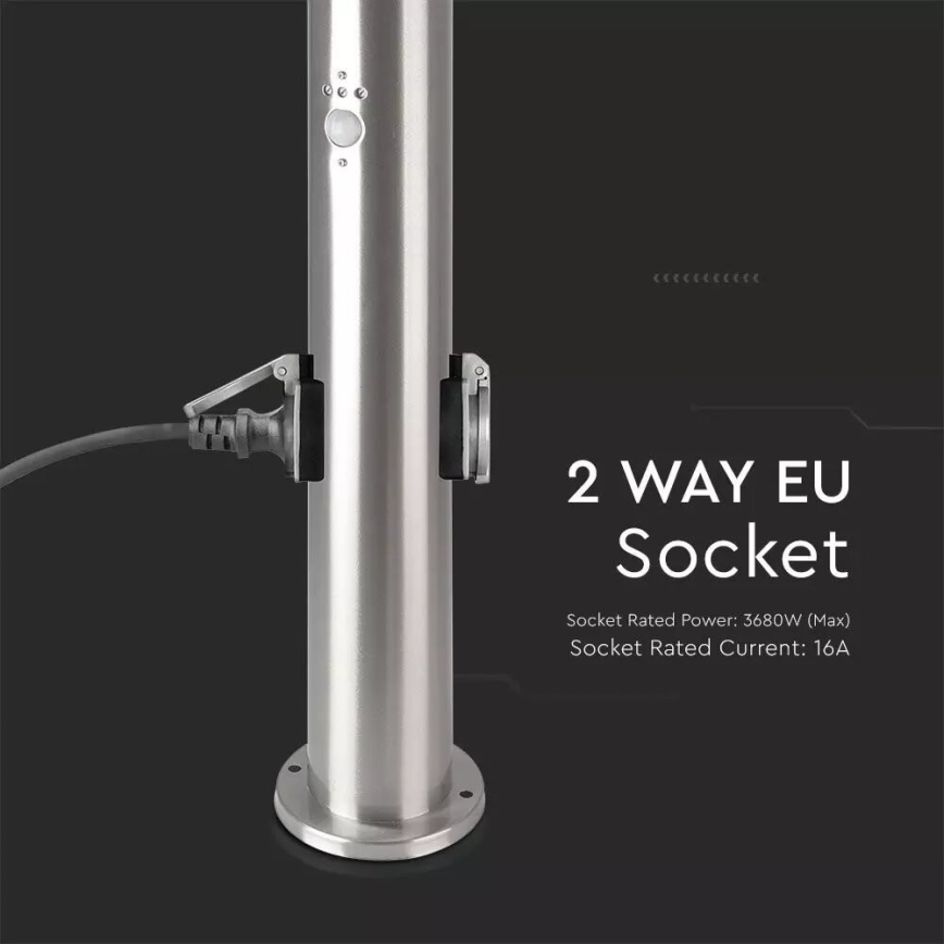 Lámpara exterior con sensor + 2 enchufes SCHUKO 1xE27/60W/230V IP44 60cm cromo mate