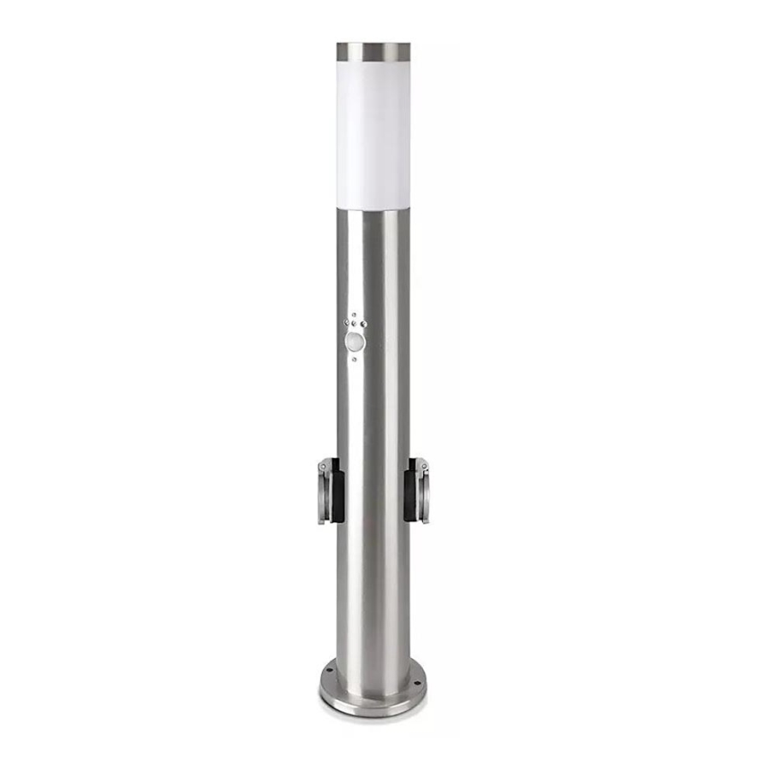 Lámpara exterior con sensor + 2 enchufes SCHUKO 1xE27/60W/230V IP44 60cm cromo mate