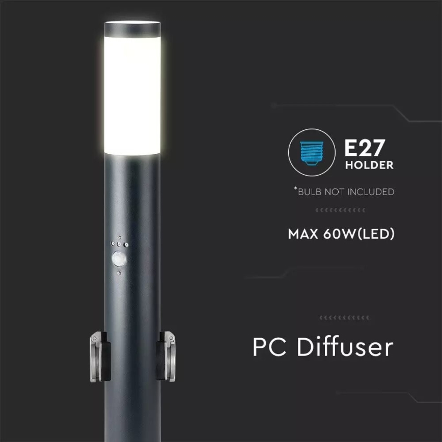 Lámpara exterior con sensor y 2 enchufes SCHUKO 1xE27/60W/230V IP44 60cm antracita