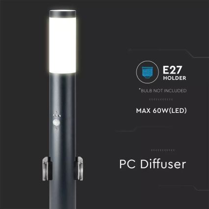 Lámpara exterior con sensor y 2 enchufes SCHUKO 1xE27/60W/230V IP44 60cm negro